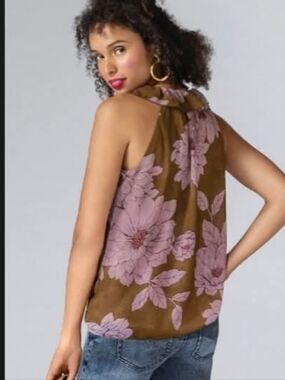CAbi Brown Tank with Pink Floral Print and Ruffle Straps. NWT Size Small